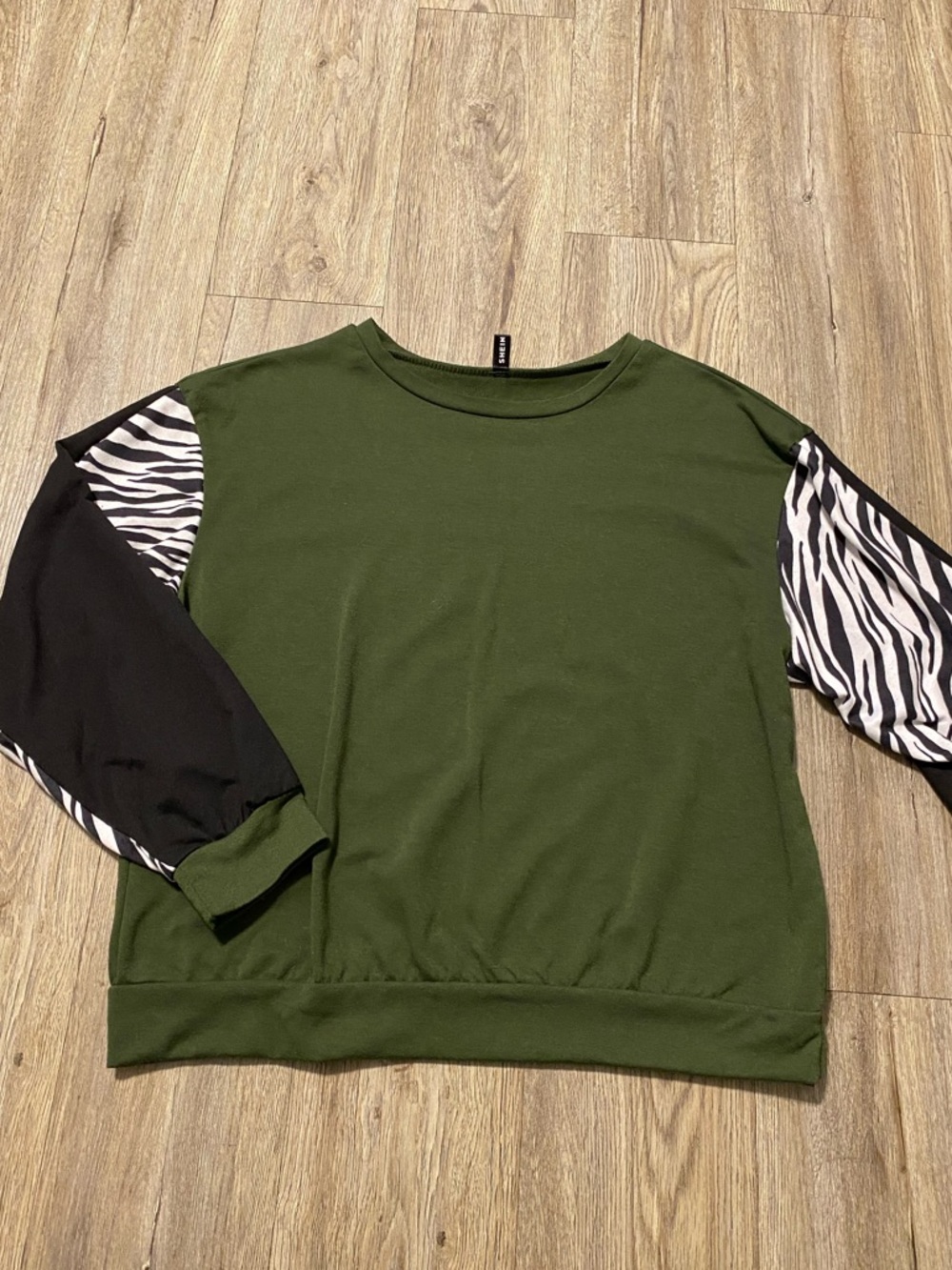 Olive Green Sweatshirt with Black & Zebra Print Sleeves
